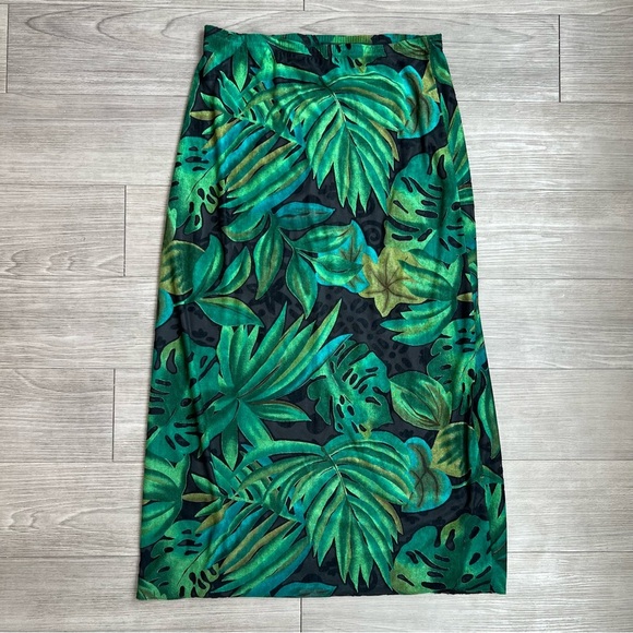 Vintage 80s Carole Little Black Palm Leaf Print Tropical Maxi Skirt Size S - Picture 1 of 5